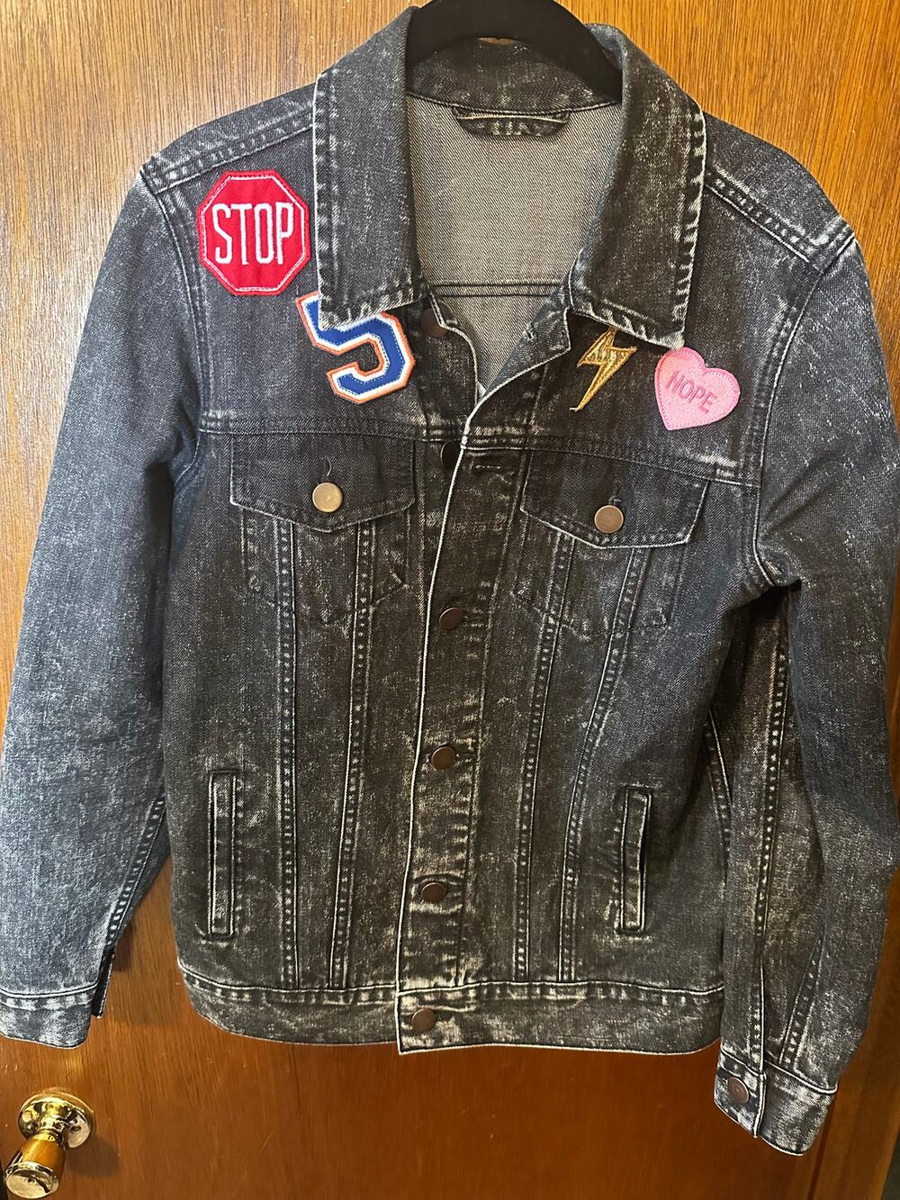 SQUAD BLACK DENIM ACID WASH JACKET; SIZE S